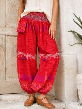 Thai Cotton Boho Harem Pants Festival Balloon Joggers Red Natural Fibre
